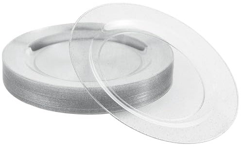 MATANA 25 Platos de Postre de Plástico Duro Transparente con Purpurina Plateada, 19cm - Elegantes, Resistentes y Reutilizables - Platos Pequeños para Bodas, Cumpleaños, Barbacoas, Fiestas