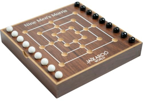 Jackaroo World Nine Mens Morris Board Game, Marble Strategy Game, Solid Wooden Game with 18 Marbles, 2 Player Games, Ancient Board Games, 9 Mens Morris Game Mill, Strategy Games for Adults (Walnut)