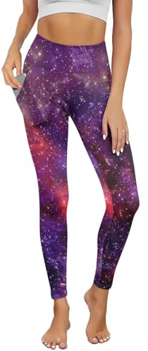 Biyejit Galaxy Gym Leggings for Women High Waisted Yoga Trousers Pants with Side Pockets Elastic Workout Sports Fitness Running Activewear Size XS-3XL
