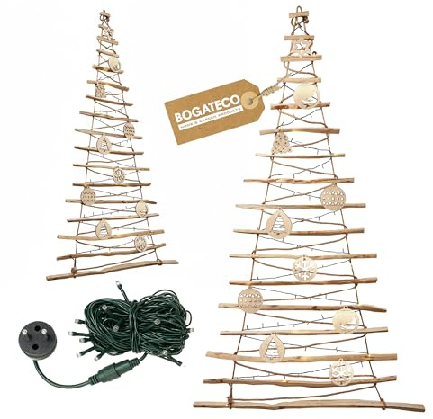 BOGATECO Albero di Natale fatto a mano, con decorazioni, 195 cm, con LED da 230 V, in legno di nocciola, ciondolo decorativo, pannelli di legno collegati a una corda di iuta con uno spessore di 6 mm