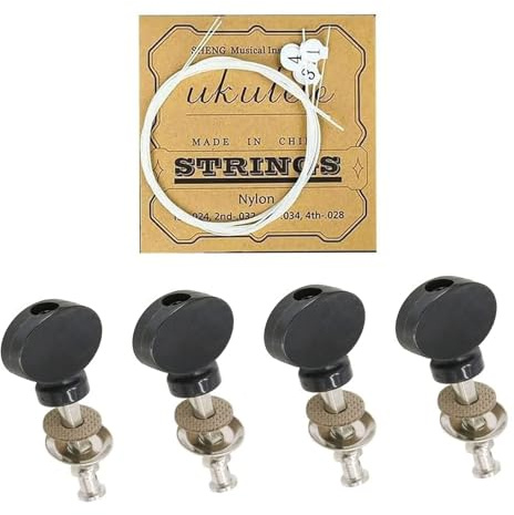TUOREN 4Pcs Ukulele Tuning Pegs and 1 Set Ukulele Nylon Strings, Metal Pin Machine Heads Tuners for Ukulele Strings Precise Tuning Replacement Parts (Black)