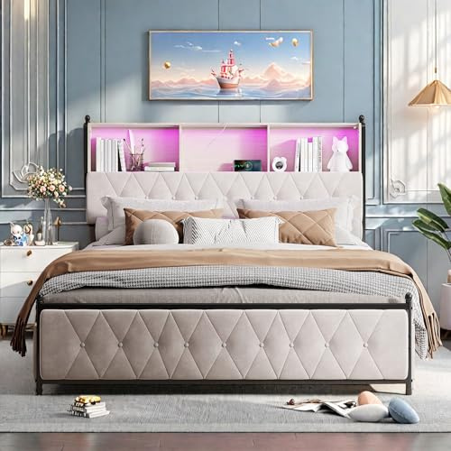 YYXLDYNB Dubbel vadderad säng, 160 x 200 cm, sammetssäng med 2 inbyggda USB-uttag, LED-säng med 4 förvaringslådor, sängbord med RGB-ljusremsa, lätt att montera, ingen madrass, beige
