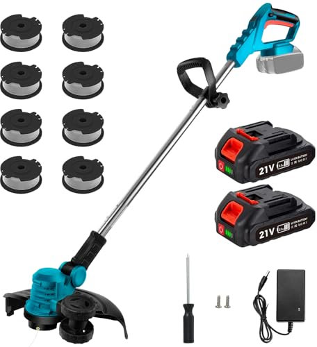 Tondeuse Électrique sans Fil avec 8 Têtes Interchangeables + 2 Batteries 2600 mAh, Réglage 5 Vitesses, Débroussailleuse, Désherbeur, Coupe-Bordure et Tonte pour Jardin