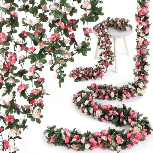 2 Pack Artificial Flower Garland, 2.4m/7.87ft Floral Simulation Outdoor Garland, Rose Garland Artificial Flowers For Home Wedding Hotel Office Party Garden Decoration (Rose Garland, 2.4m*2)