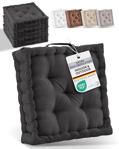 Beautissu 4er Set Bodenkissen Sitzkissen 50x50 cm - Dickes Matratzenkissen 10cm - 100% Baumwolle Stuhlkissen Indoor & Outdoor Sitzkissen Boden Tragegriff extra Dicke Sitzauflagen Anthrazit - Mila