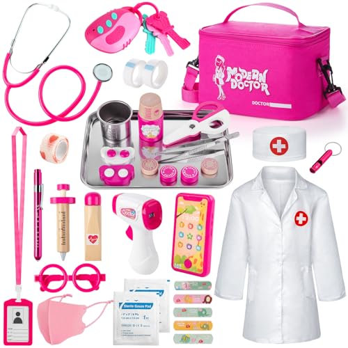 Sundaymot Arztkoffer Kinder ab 3 Jahre, 34 PCS Tragbare Doktorkoffer mit Stethoskop, Thermometer, Holz Spritze und Tragbare Arztkittel, Rollenspiel Spielzeug Geschenk für Mädchen Jungen ab 3+ Jahre