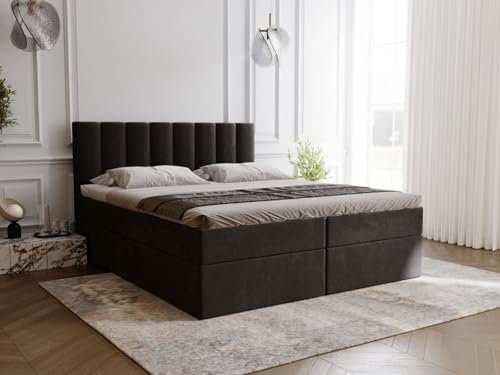 GRAINGOLD Mocca Lit 180x200, Boxspring avec Coffre de Rangement, Rembourré avec Matelas à Ressorts Bonell, Lit Double, Tissu en Velours, avec Surmatelas, avec Tête de Lit (Noir, 180x200)