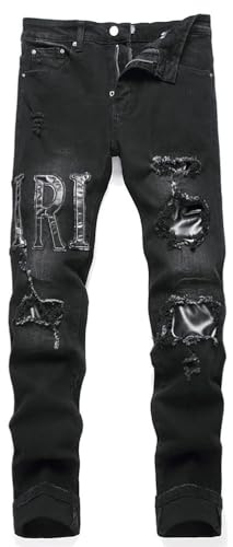 Jeans da Uomo Elasticizzati Strappati Tinta Unita Pantaloni Strappati Pantaloni Stretti per Il Tempo Libero,Nero,33
