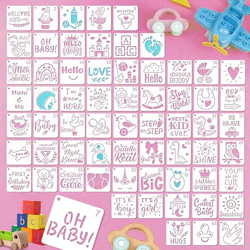 Juego de 64 plantillas para bebés, diseño de cumpleaños y habitación infantil, 7,62 x 7,62 cm, plantillas reutilizables para manualidades, arte de pared y álbumes de recortes