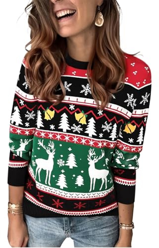 Saodimallsu Jersey de Navidad para Mujer, Cuello Redondo, Manga Larga, Punto de Renos, suéter de Invierno, Informal, cálido, A-Negro., M