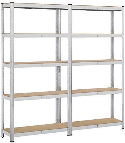Yaheetech Scaffale x 2 Scaffalature per Garage 180x90x30 cm 175 KG Magazzino a 5 Ripiani Regolabili Alta Portata in Metallo Senza Bullone con Legno MDF per Ripiano Argento