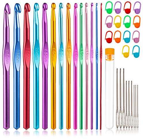 Tiiduo Crochet Hooks Set, 37 PC Colored Aluminum, Ergonomic Handle, with Stitch Markers and Large-Eye Blunt Needles, Sizes 2.0mm-10.0mm