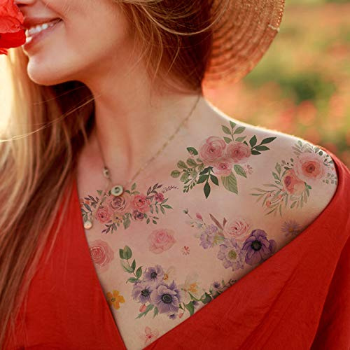 Everjoy Flowers Temporary Tattoos Stickers, Watercolor Roses, Peony, Daisy, Botanical Body Art Fake Tattoos for Women - 20 Pcs
