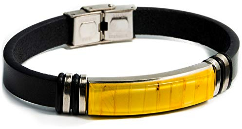 Kvinnor, män, unisex smycken, handgjort mosaikarmband av baltisk bärnsten med konstläderband, stängning av rostfritt stål, justerbar, UNIVERSELLE, Konstläder Rostfritt stål Sten, - Amber