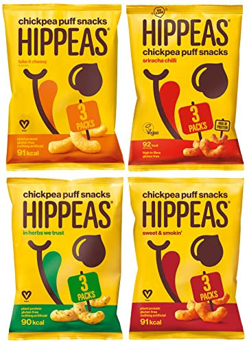 Hippeas Variety Pack Chickpea Puff Vegan Crisps | 12 x 22g Sharing Bags | Plant-Based, Source of Protein & Fibre | Free from Gluten & Artificial Flavours | Light & Crunchy - 91 calories per serving