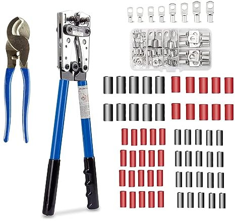 Batteriekabelschuh Crimpzange +Kabelschneider+60 Set HX-50B Aderendhülsen Kabelschuhzange,6-50mm² 1/0-10AWG Kabelschuh Set Presszange Crimp von Kabel Drahtkabel,Profi KFZ Werkzeug Modell 3