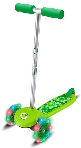 Evo Light-Up Move 'N' Groove Children's Scooter, 3 Wheeled Tri Scooter With Tilt To Turn, Light Up Wheels, Green Dinosaur Print, for Ages 2+