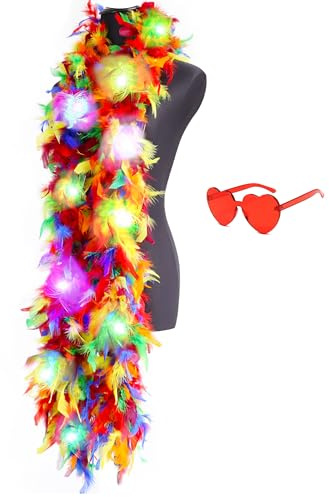 JIANGLAI Colorful Feather Boas, 6.6ft Boa with 20 Color LED Lights for Women, Dancing, Wedding, Party, Halloween, with Heart Sunglasses