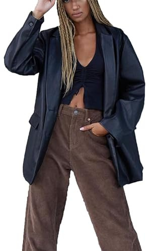 Giacca Blazer da Donna in Ecopelle Giacca Oversize in Pelle Blazesr Colletto con Bavero Cappotto in PU Capispalla da Donna