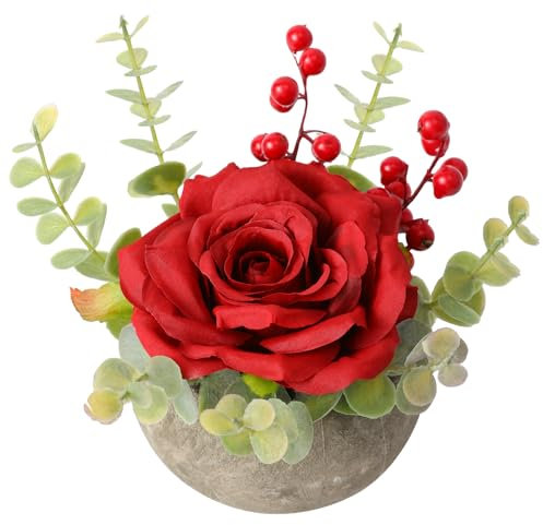 JUSTOYOU künstliche Rose Blume mit Topf, Kombination aus gefälschter Seidenrose und Grün, kleine künstliche Pflanze mit Eukalyptusblättern für Schlafzimmer, Hochzeit Dekorationen (1, rote Rose)