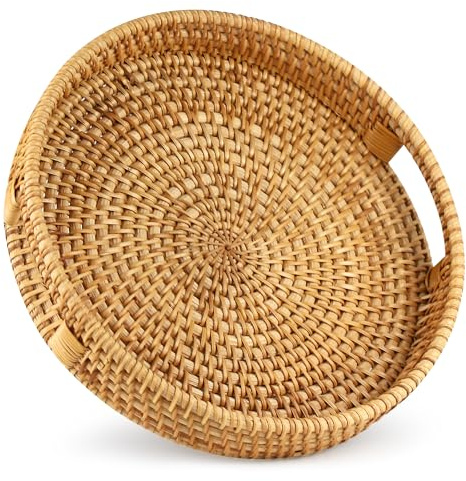 WENLISELL Plateau de service rond en osier de 30 cm avec poignées, plateau décoratif en rotin pour petit déjeuner, boisson, café, thé, bougie