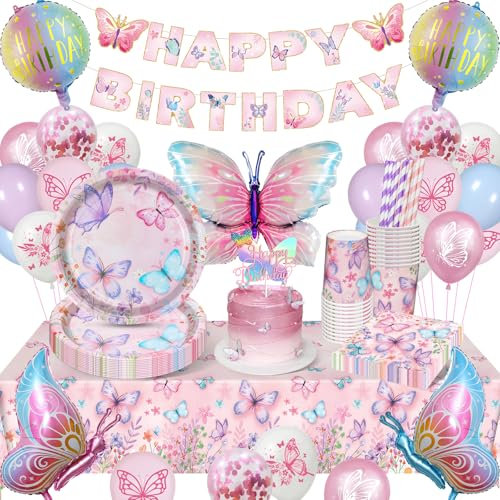YIMAKJ Butterfly Party Decoration Set - Birthday Tableware With Balloons, Tablecloths, Banner, Cake Deco, Plates, Cups, Napkins (16 Guests)