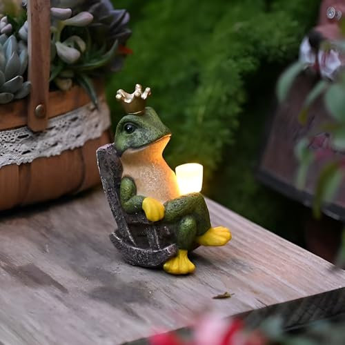 Tuzsocr Solar Frosch Gartenstatuen - Frosch Figuren Draußen Deko, Lustig Frösche Gartenfiguren mit Solarlampen, Trinken auf dem Schaukelstuhl, Frosch Skulptur Deko Rasen, Hof, Terrasse, Fensterbank