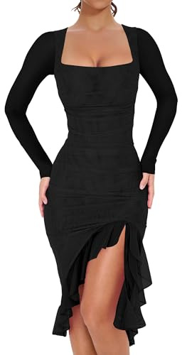 BORIFLORS Women's Sexy Ruched Bodycon Midi Dresses Elegant Mesh Long Sleeve Square Neck Ruffle Hem Cocktail Party Dress, Medium, Black