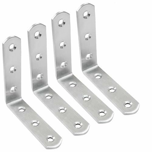 Bonsicoky 4-pack L-vinkelfäste hörnstöd – 90 graders vinkel rostfritt stål hörnfäste – vinkelhylla stöd hörnstöd för trämöbler stol lådskåp – 8 cm x 8 cm – silver