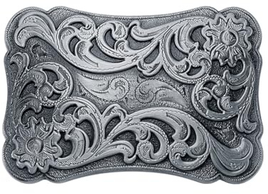 PH PandaHall Floral Belt Buckle, Cowboy Belt Buckle Engraved Western Belts Buckle Fastener Square Buckle Fits 1.6 inch Belts Strap for Men Women Jeans Wedding, Antique Silver