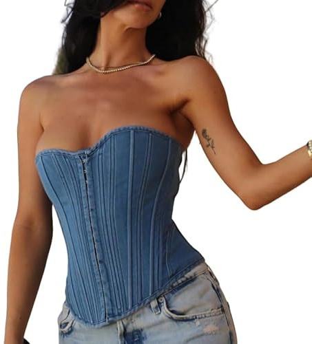 LIUYUYOUGO Corpetto Donna Sexy Corsetto In Denim Top Per Donna Senza Maniche Jeans Tubo Top Sexy Sottile Anteriore Gancio Vita Cincher Push Up Stecca Bustino Overbust Schiena Scoperta Gilet Clubwear