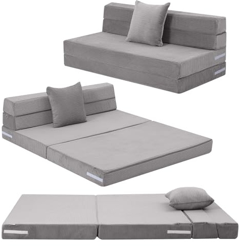 MeMoreCool Folding Mattress Double 190x135cm, High Density Foam Fold Out Sofa Chair Z Bed, Foldable Futon Mattress, Floor Lounger Guest Couch Bed for Sleeping, Travel, 13cm Thick, Grey