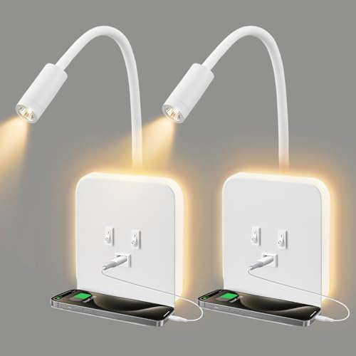 Lampada da Lettura LED 3W + 9W 3000K, Lampada da Parete con Porte USB e Vassoio per Telefono Faretto, faretto da Lettura a Muro Luce Ambientale Regolabile e Flessibile per Camera(Weiß, 2 Stück)