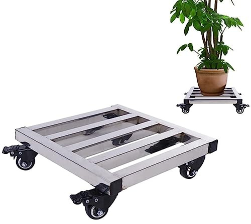 Chariot à plantes robuste en acier inoxydable avec roulettes – Support carré en métal pour grands pots de fleurs, jardinières, panier en fer de 45 cm, couleur argent