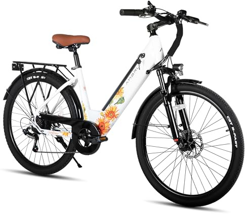 HILAND 26 Inch Electric City Bike, 250W Motor 36V E-Bike for Adults, 7-Speed with Front & Rear Disc Brakes, High-Carbon Steel Frame, 10.4Ah Battery, Unisex Commuter Electric Bicycle, White