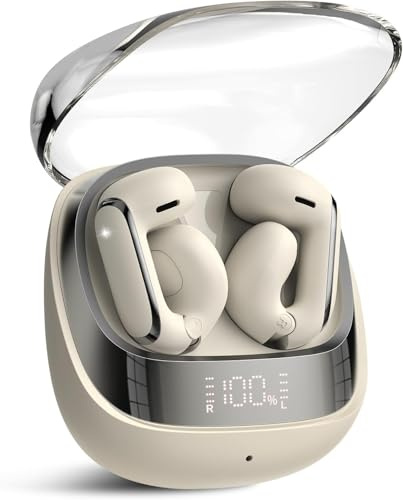 AOSRAU Clip-On Auriculares de oído Abierto, Controlador con Sonido Espacial, Auriculares sin Cable Impermeables, Blanco Crema