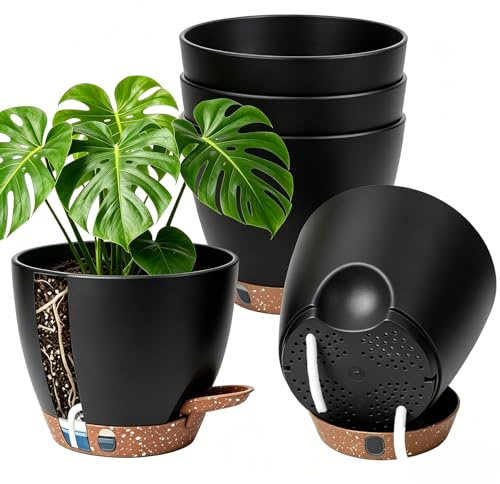 Anhow Set med 5 självfuktande kruka, krukväxt inomhus Ø 15,2 x H 13,8 cm plastkrukor 100% återvunnen plast för hem och kontor blomkrukor för rosmarin, örter, mynta, basilika - Svart
