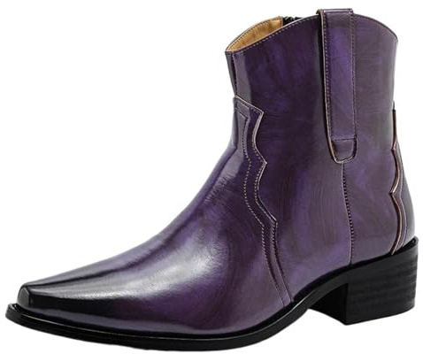 EKalgretrA Botas Cowboy Botas Occidentales for Hombre, Botas de Moto tacón Alto, Cortas Cuero PU, Botines Vaquero Puntiagudos Que Aumentan la Altura(Purple,46 EU)