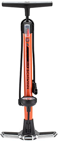 Schwinn Air Center Plus Floor Pump, For Mountain, Cruiser and Electric Bikes, 120 PSI, Soft Grip Handle, with Sports Ball Needle and Dual Head for Schrader and Presta Valves, Manual Air Pump