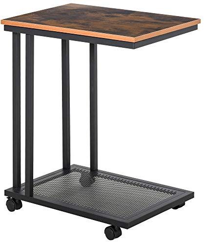 homcom C Shaped Side Table with Wheels, Mobile End Table, Laptop Stand with Metal Frame and Storage Shelf, Rustic Brown