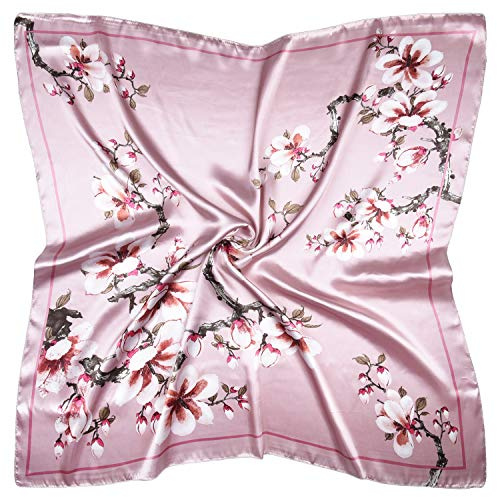 vabovin 35 Ladies Satin Square Silk Like Hair Scarves and Wraps Headscarf for Sleeping (Pink Flowers)