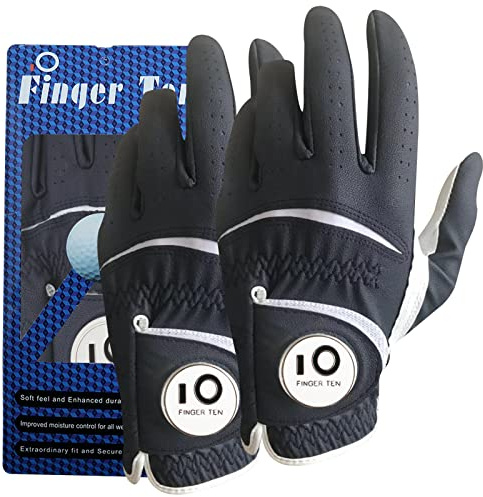 FINGER TEN Paire de Gants de Golf Homme Main Gauche Droite en Cuir Cabretta avec marqueur de Balle (Pas de Paires) Toutes Saisons Poignée Gant de Golf Gant (2 Pièces Bleu Foncé, L, Gauche)