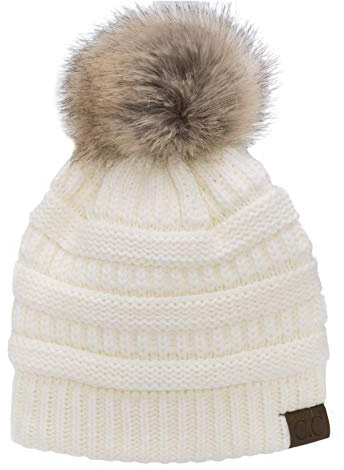C.C Trendy Fuzzy Fleece Lined Warm Comfortable Soft Stretch Cable Knit Ribbed Faux Fur Pom Pom Beanie Hat, Ivory - Off White
