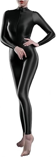 Xinxin Body da donna puro lucido per yoga, lingerie a collo alto a maniche lunghe con cerniera sul cavallo, Nero, M