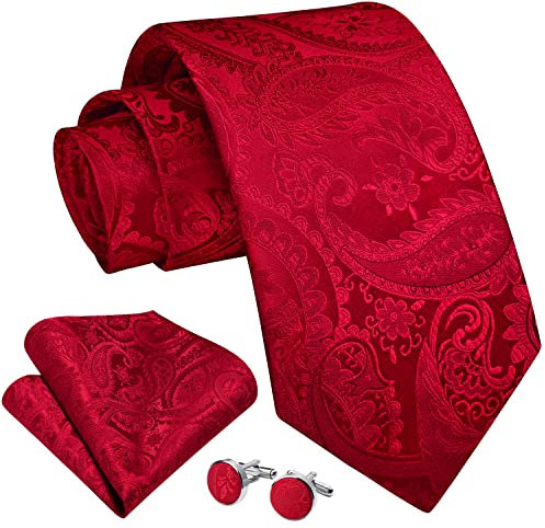 Enlision Herrslips, paisley-slips för män, för bröllop, slips, näsduk och manschettknappar i set, formell, business, röd, En Storlek