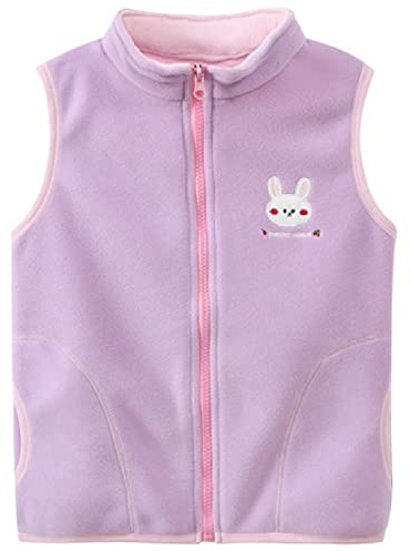 Bambini Gilet in Pile Polare Ragazzi Ragazze Colletto in Piedi Senza Maniche Giacca Autunno Invernale Cerniera Cartone Animato Capispalla Panciotto con Tasche, Coniglio Viola 130