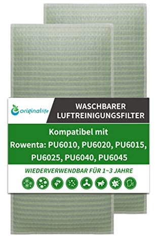 Original Life Waschbar Ersatzfilter für Luftreiniger Rowenta PU6010, PU6020, PU6015, PU6025, PU6040, PU6045, kompatibel mit Rowenta Luftreiniger, 2 Stück in 1 Satz