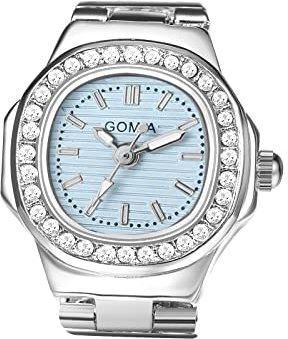 JewelryWe Ringuhr Fingeruhr Damen Uhren - Silber Quadrat Quarz Analoge Verstellbar Metall Ring Uhr Frauen Glitzer Strass Fingerringuhr Uhrenring mit Blau Rechteckigem Zifferblatt