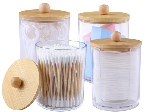 Vexillic Pack of 4 Acrylic Cotton Buds Container, Qtip Holder Dispenser, Multi-Purpose Cylinder Transparent Storage Box with Bamboo Lid for Make Up Pads, Cotton Pads
