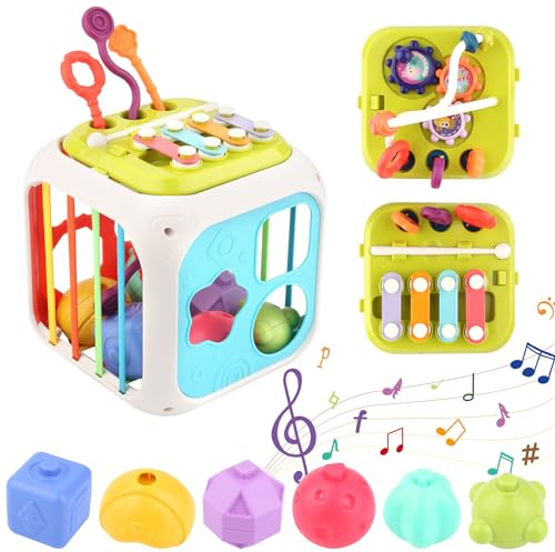 MXTIMWAN Giochi Bambini 1 2 Anno, 7 in 1 Giochi Montessori per Bambini 1 2 3 Anno, Montessori Sensoriali Giocattoli di Impilabile Smistamento Cubo Montessori Multiattivita